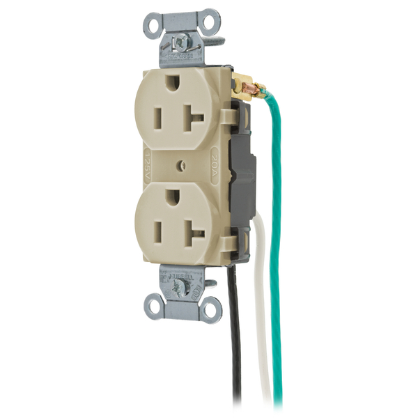 Hubbell Wiring Device-Kellems Straight Blade Devices, Receptacles, Duplex, Commercial Grade, 2-Pole 3-Wire Grounding, 20A 125V, 5-20R, Pre-Wired 8" Stranded Leads CR20IP2